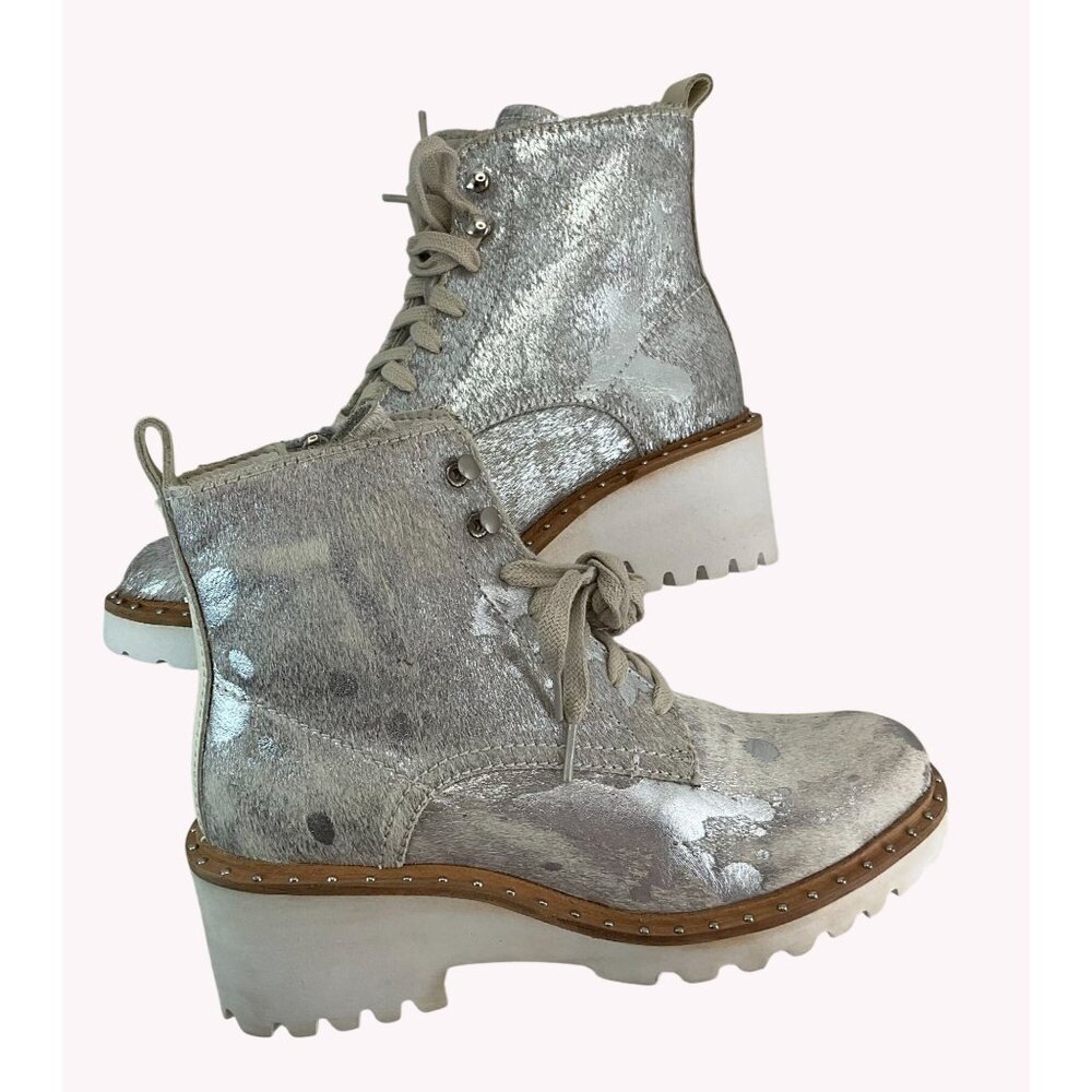 New Ducevita Silver Leather Lace-Up Ankle Boots Platform Sole Women’s 8.5